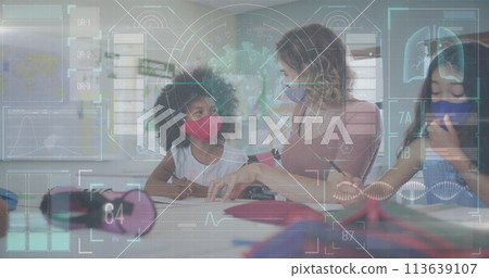 Coronavirus research digital interface against female teacher teaching girl at school Coronavirus research digital interface against female teacher teaching girl at school 113639107