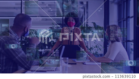 Image of digital screens over diverse business people wearing face masks during meeting Image of digital screens over diverse business people wearing face masks during meeting 113639110