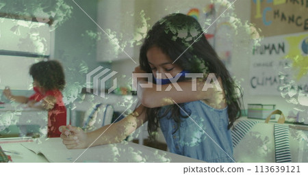 Image of coronavirus cells and schoolgirl in wearing face mask and coughing Image of coronavirus cells and schoolgirl in wearing face mask and coughing 113639121