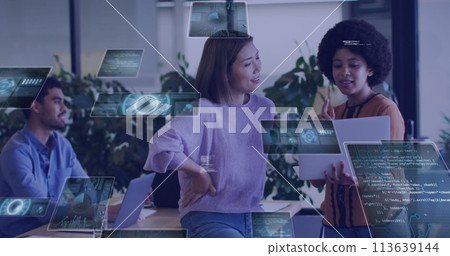 Image of digital screens over diverse business people using laptop 113639144