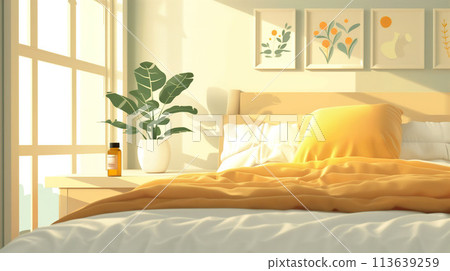 Close-up of a prescription bottle on a nightstand in a bedroom, under natural morning light creating a hopeful atmosphere. Generative AI. 113639259
