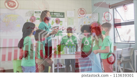 Coronavirus statistical data processing against female teacher and students planning a recycling pro Coronavirus statistical data processing against female teacher and students planning a recycling pro 113639301