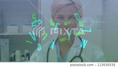Image of data processing and letters changing over female doctor with stethoscope 113639338