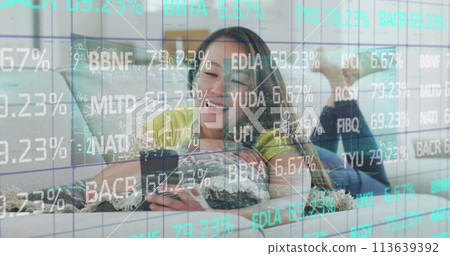 Image of data processing over asian woman using smartphone 113639392