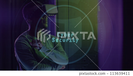 Image of padlock over african american male server room worker 113639411
