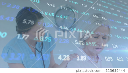 Image of data processing and statistics over female doctor and patient Image of data processing and statistics over female doctor and patient 113639444