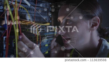 Image of network of connections and icons over caucasian female server room worker 113639508