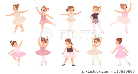 Girl ballet dancer. Little girls dancing in tutu skirt, cartoon isolated cute tiny characters. Classic dance lesson in class, hobby snugly vector collection Girl ballet dancer. Little girls dancing in tutu skirt, cartoon isolated cute tiny characters. Classic dance lesson in class, hobby snugly vector collection 113639696