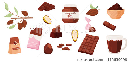 Cocoa products. Choco paste, chocolate bar, candies and powder in bowl. Hot coffee with marshmallow. Sweet tasty desserts, cartoon snugly vector set 113639698