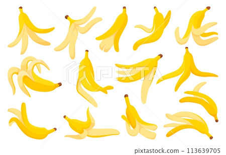 Isolated cartoon banana peels. Yellow peel, organic tropical fruit garbage. Slippery waste for comic. Neoteric fresh vegan food vector concept 113639705