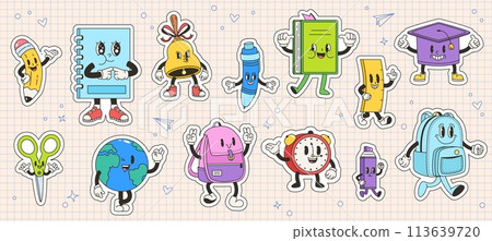School stickers groovy style. Funky retro characters, emotional children mascots stationery. Bell, globe, happy pencil and alarm, snugly vector collection 113639720