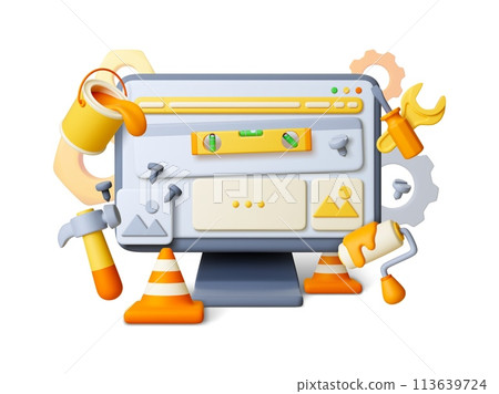 3d system update concept. Computer monitor and repair tools. Digital device upgrade, app service center. Render renovation pithy vector scene 113639724