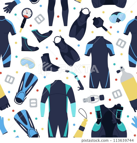Scuba diving seamless pattern. Snorkeling hobby, underwater exploring elements. Tourist activity in ocean, suits and equipment decent vector background 113639744