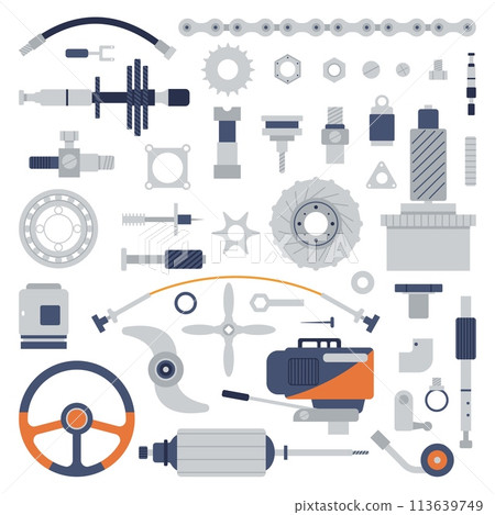 Boat spare parts. Various ship mechanism for repair service. Yacht or boats flat gears, pipes and bearing, motor chain and valve, decent vector icons 113639749