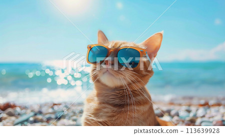 The sea and a cat wearing sunglasses 113639928