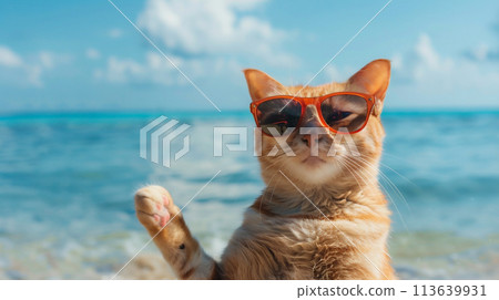 大海和戴著墨鏡的貓 113639931