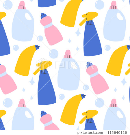 Seamless pattern with cleaning elements. Hand drawn pattern with detergent. Vector illustration. 113640116