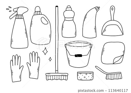 Set of cleaning elements. Vector collection of clip art cleaning in doodle style. 113640117