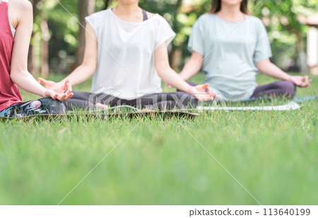 Women doing yoga in a park with fresh greenery (Mudra, Park Yoga, Meditation, Pilates) 113640199