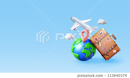 3d vintage travel bag, globe and airplane 3d vintage travel bag, globe and airplane 113640374
