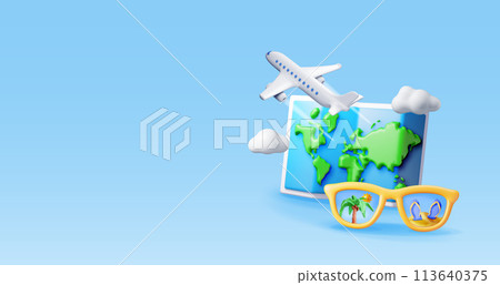 3D airplane in clouds, sunglasses and paper map 113640375