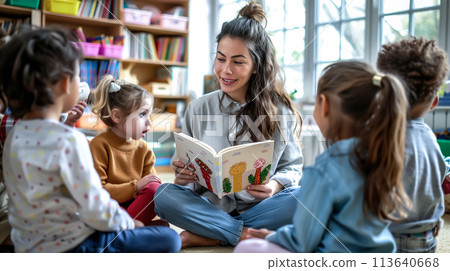 A young teachers sits with a group of children, reading a colorful book. The concept of the joy of learning and the role of teachers in inspiring young minds. Generative AI. A young teachers sits with a group of children, reading a colorful book. The concept of the joy of learning and the role of teachers in inspiring young minds. Generative AI. 113640668