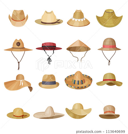 Straw headwear. Male and female panamas from sun cowboy and farmer hat various styles recent vector set 113640699
