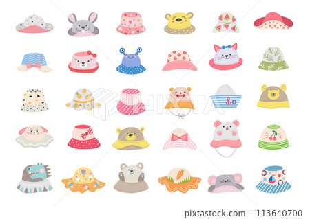 Kids panamas. Headwear protection from sun child head fashioned accessory recent vector panama collection Kids panamas. Headwear protection from sun child head fashioned accessory recent vector panama collection 113640700