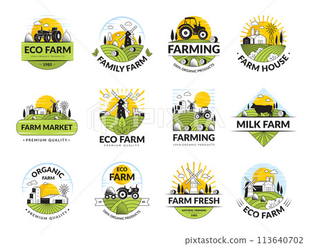Farm badges. Agricultural labels collection with village houses and animals recent vector farm pictures collection Farm badges. Agricultural labels collection with village houses and animals recent vector farm pictures collection 113640702