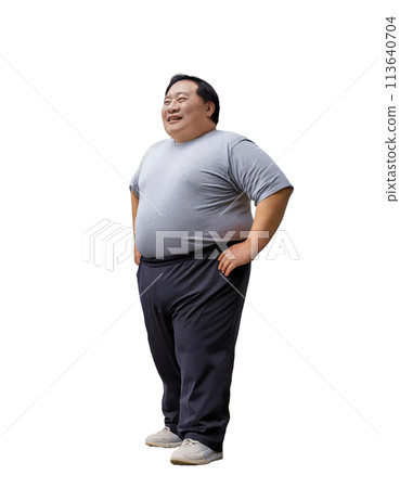 Full-length portrait of an overweight man with his hands on his hips 113640704