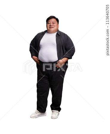 Full-length portrait of an overweight man with his hands on his hips 113640705