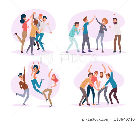 Business collaboration. Happy working group of businessmen exact vector team of managers celebrate victory 113640710