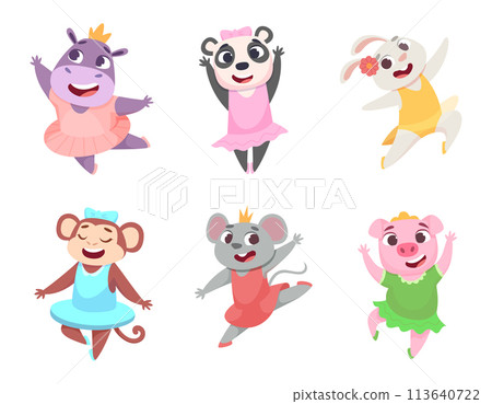 Ballet animals. Cartoon funny animals dancing in fashioned ballerinas clothes exact vector illustrations set 113640722