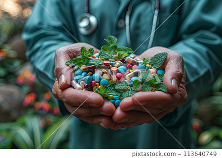 Doctor is holding a bunch of pills and herbs in their hands. Concept of World Health Day 113640749