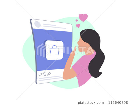 Social Selling - Mobile Commerce Online Shopping concept. Digital marketing and commerce through social networks. Cute girl scrolls social media for easy shopping on smartphone. Vector illustration 113640898