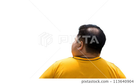 Back view of a fat, slightly balding Asian man wearing yellow clothing 113640904