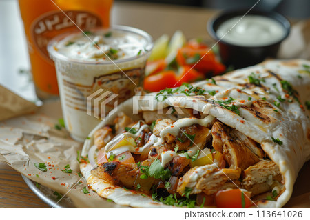 Hatay style chicken doner, with small pickled peppers and a glass of ayran Hatay style chicken doner, with small pickled peppers and a glass of ayran 113641026