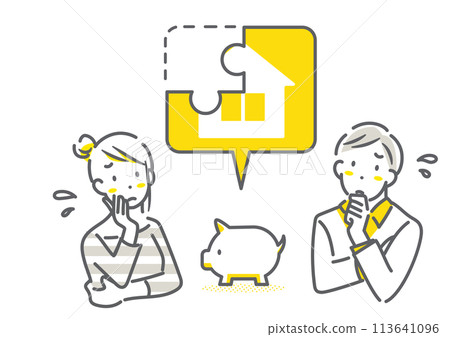 A young couple worried about their home buying finances - simple and stylish line drawing illustration 113641096