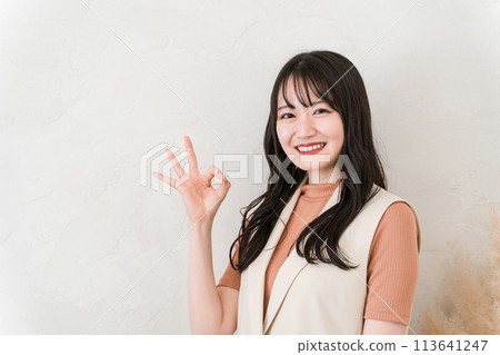 一位來到美容院/美容院/美髮沙龍的女士(OK/成功/介紹/活動) 一位來到美容院/美容院/美髮沙龍的女士(OK/成功/介紹/活動) 113641247