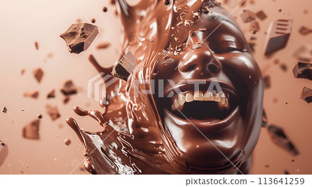 A photo of a woman's face made of chocolate with a huge smile on her face and chocolate chunks flying around her. 113641259