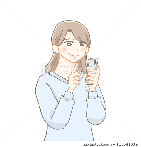 Side profile of a smiling woman operating a smartphone Side profile of a smiling woman operating a smartphone 113641339