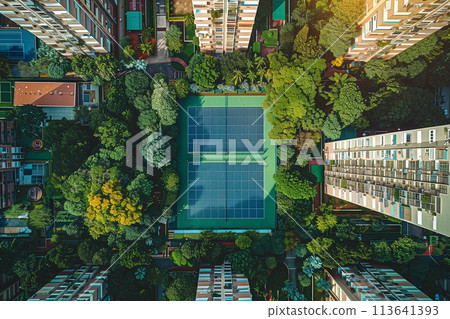 Aerial View of Tennis Court Surrounded by Buildings Aerial View of Tennis Court Surrounded by Buildings 113641393