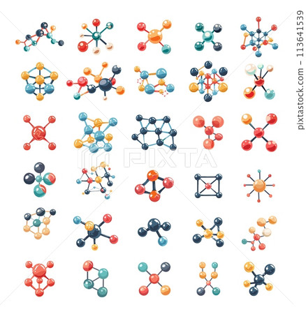 Molecules cartoon vector set. Atoms protons neutrons cell connections micro net structure physical matter compounds colored objects isolated on white background 113641539