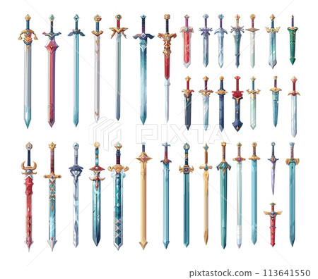 Magic swords cartoon vector set. Mystery mythical bladed fantasy cold fence weapons art game development graphics illustrations isolated on white background 113641550
