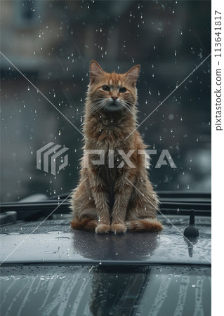 Cat wallowing on car and rains drops on at rainy season Cat wallowing on car and rains drops on at rainy season 113641817