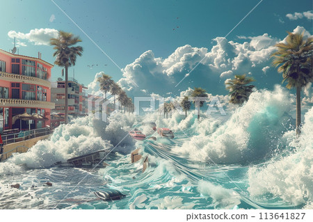 Tsunami view big wave city 113641827