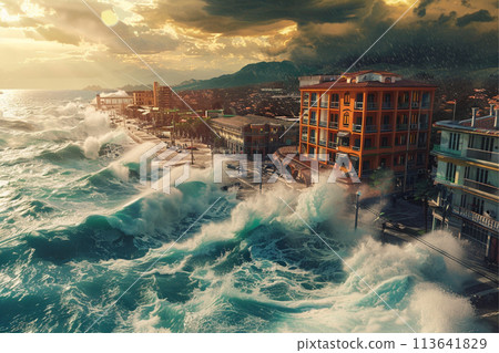 Tsunami view big wave city 113641829