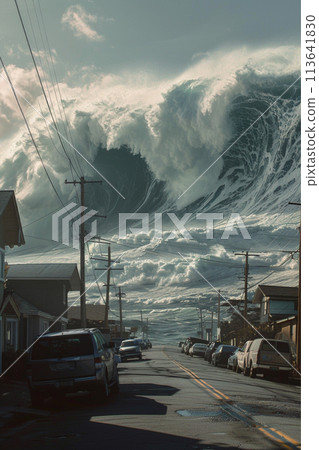 Tsunami view big wave city 113641830