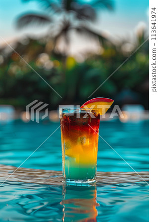 Cocktail glasses at pool, beach side 113641974