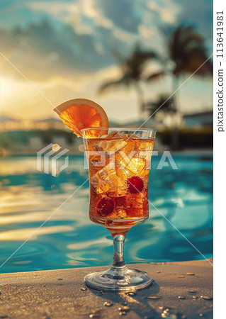 Cocktail glasses at pool, beach side 113641981